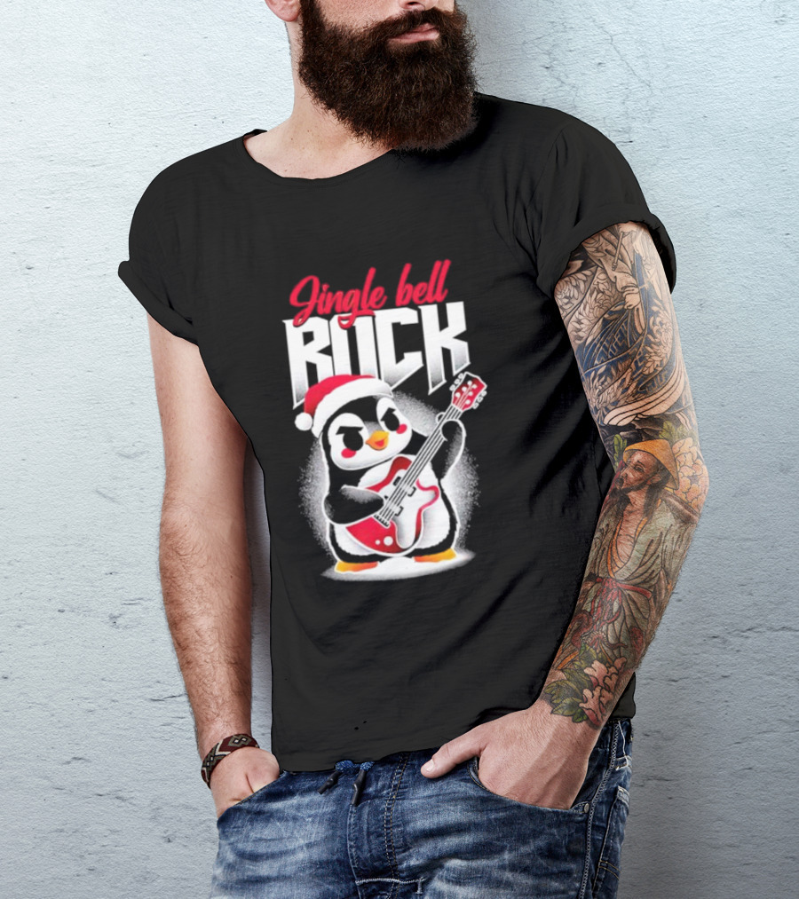Jingle Bell Rock Penguin Playing Christmas Guitar In Santa Hat T-Shirt