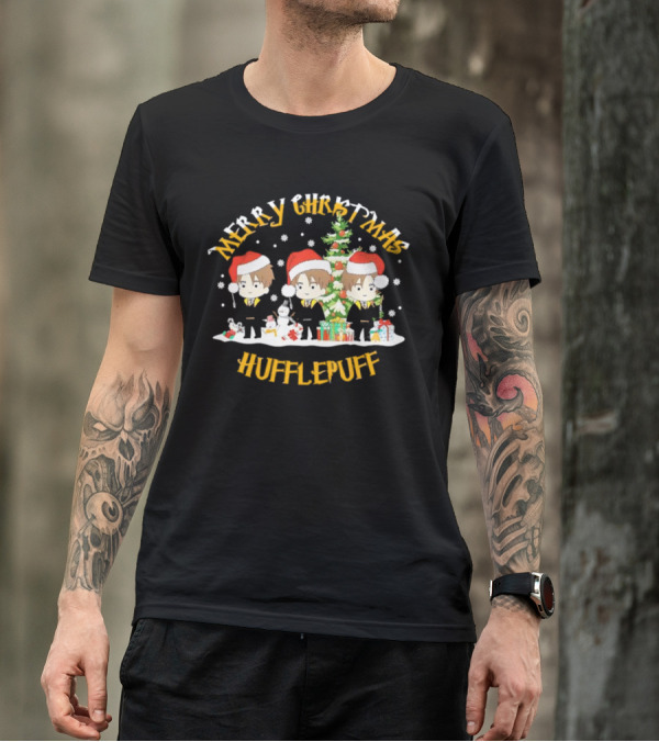 Merry Christmas Hufflepuff Characters With Santa Hats And Christmas Tree T-Shirt