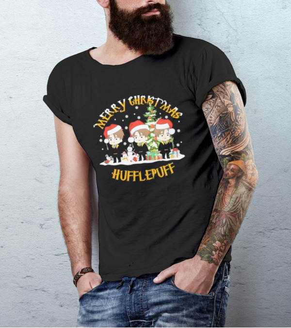 Merry Christmas Hufflepuff Characters With Santa Hats And Christmas Tree T-Shirt
