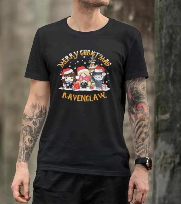Merry Christmas Ravenclaw Characters With Santa Hats And Christmas Tree T-Shirt