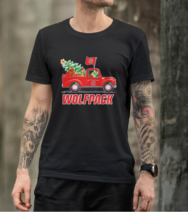 Grinch Driving NC State Wolfpack Christmas Truck With Tree And Flag T-Shirt