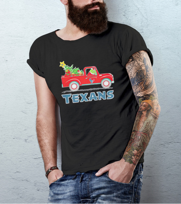 Grinch Driving Red Christmas Truck With Houston Texans T-Shirt