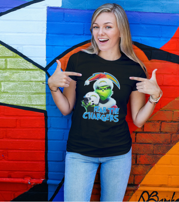Grinch Santa Holding Los Angeles Chargers Helmet Fear The Chargers T-Shirt