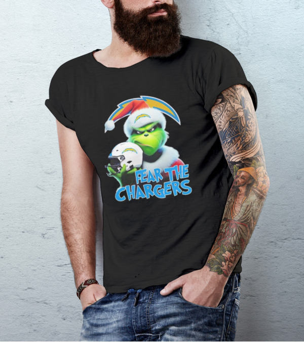 Grinch Santa Holding Los Angeles Chargers Helmet Fear The Chargers T-Shirt