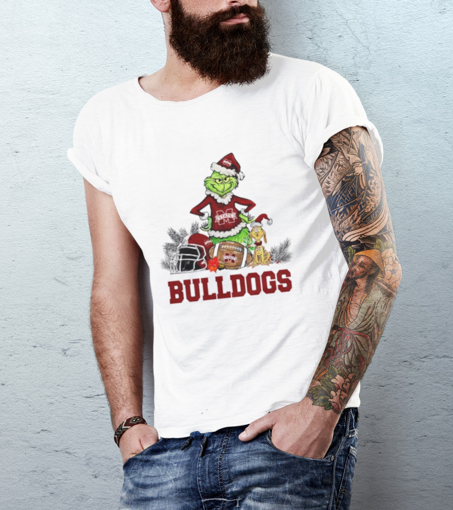 Bulldogs Grinch Max Dog Christmas Football Santa Hat T-Shirt