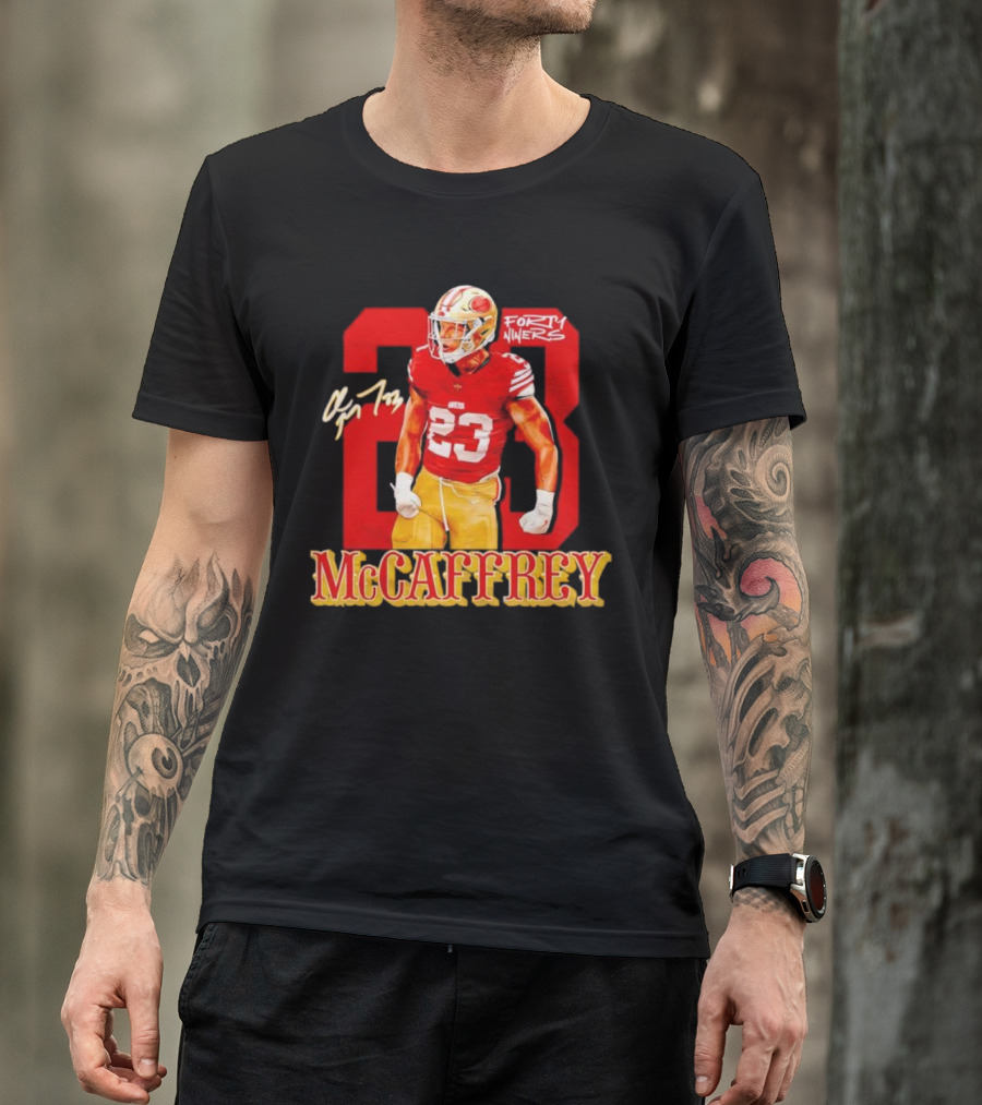 Christian McCaffrey 23 Signature Forty Niners NFL Football T-Shirt