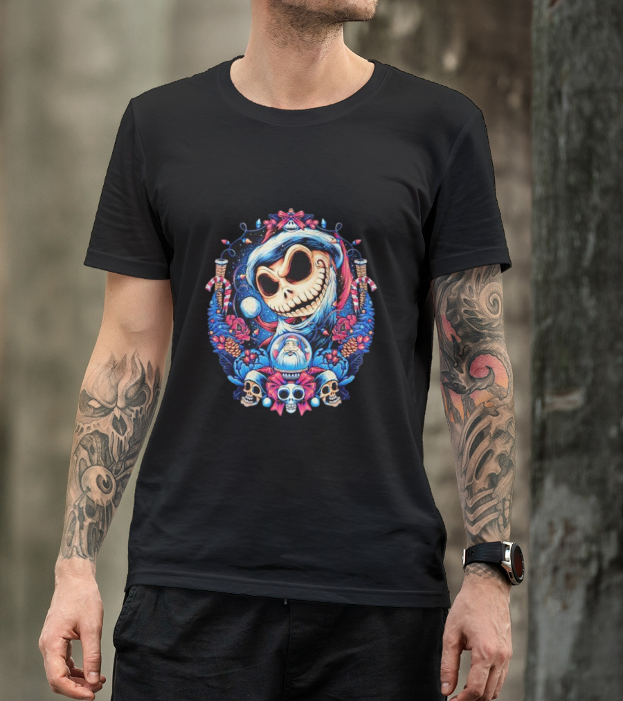 Jack Skellington Christmas Santa Skull Wreath Candy Cane Holiday T-Shirt