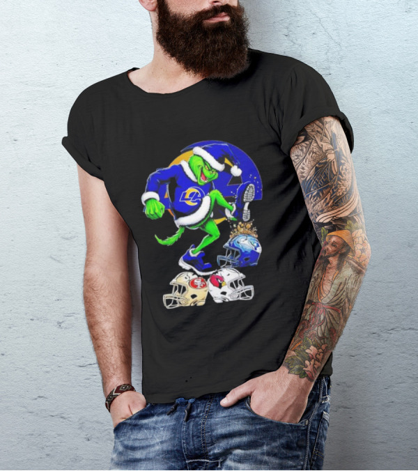 Los Angeles Rams Grinch Stomping NFL Helmets Christmas Funny Santa T-Shirt