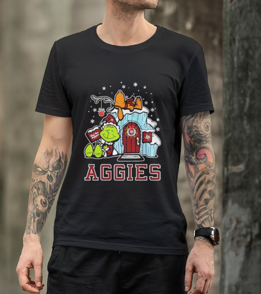 Peanuts Aggies Grinch Snoopy Christmas Hut Texas Holiday T-Shirt