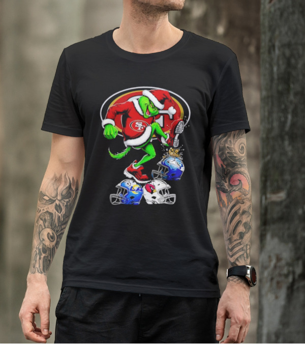 San Francisco 49ers Grinch In Santa Suit Stomps NFL Helmets Rams Cardinals Christmas T-Shirt
