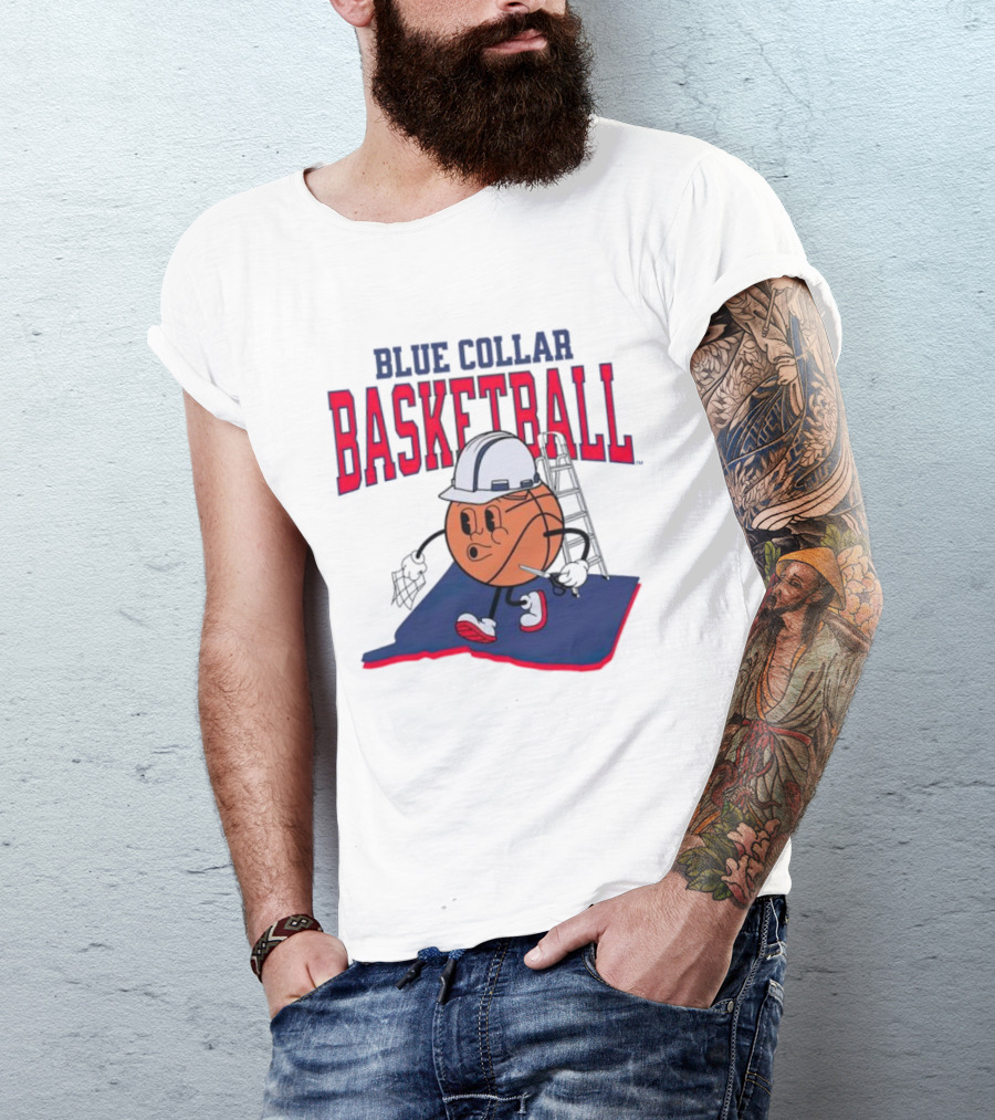 Blue Collar Basketball Hard Hat Hoop Cartoon T-Shirt