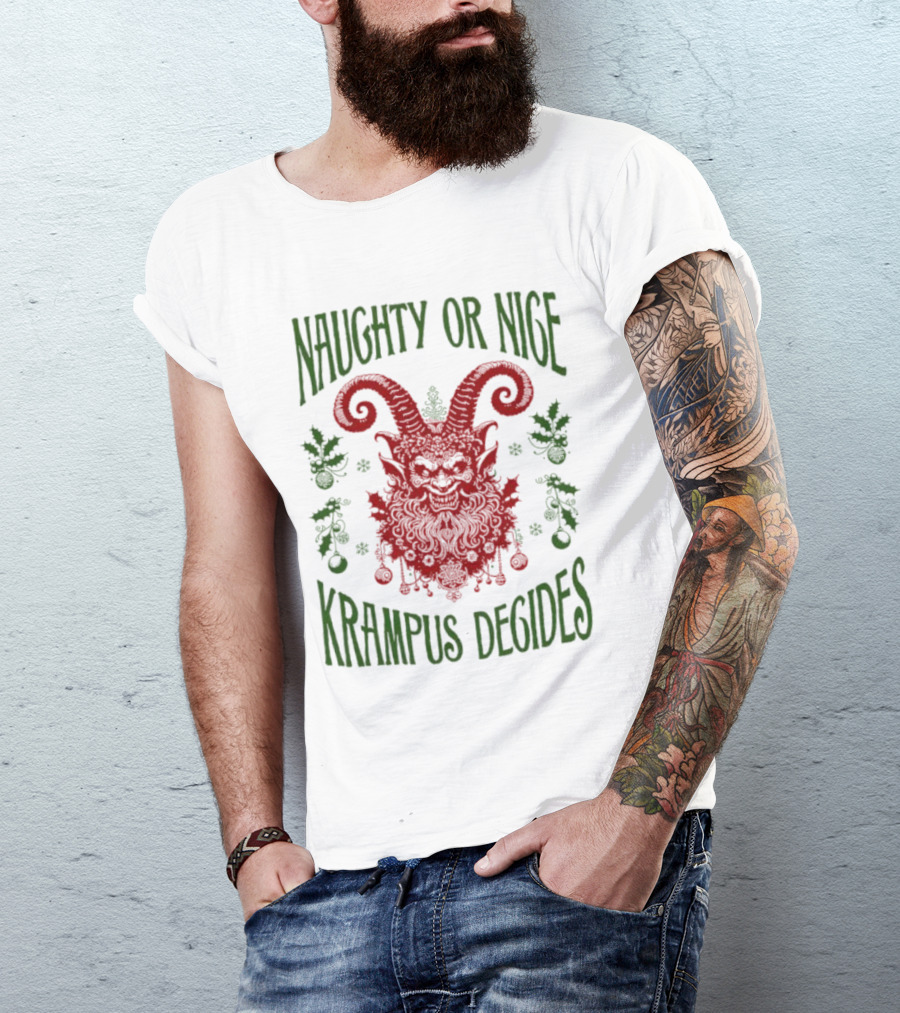 Naughty Or Nice Krampus Decides Demon With Horns And Holiday Decorations T-Shirt