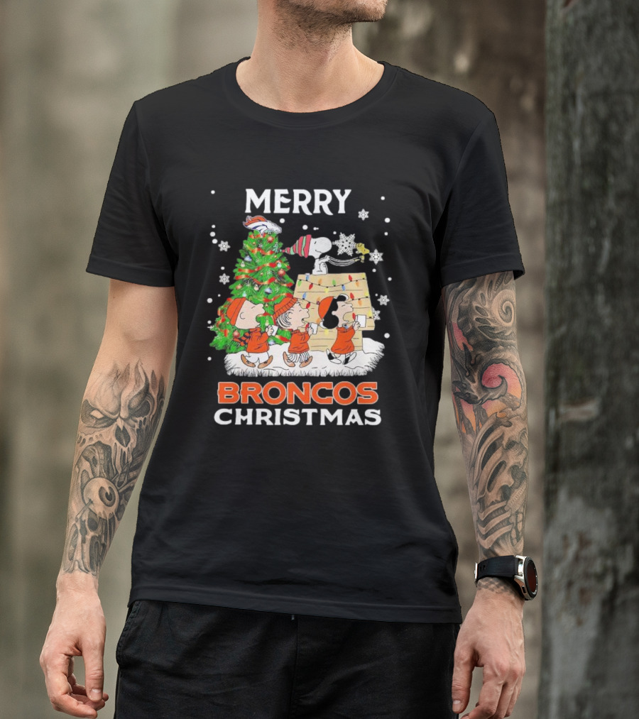 Merry Broncos Christmas Peanuts Characters T-Shirt
