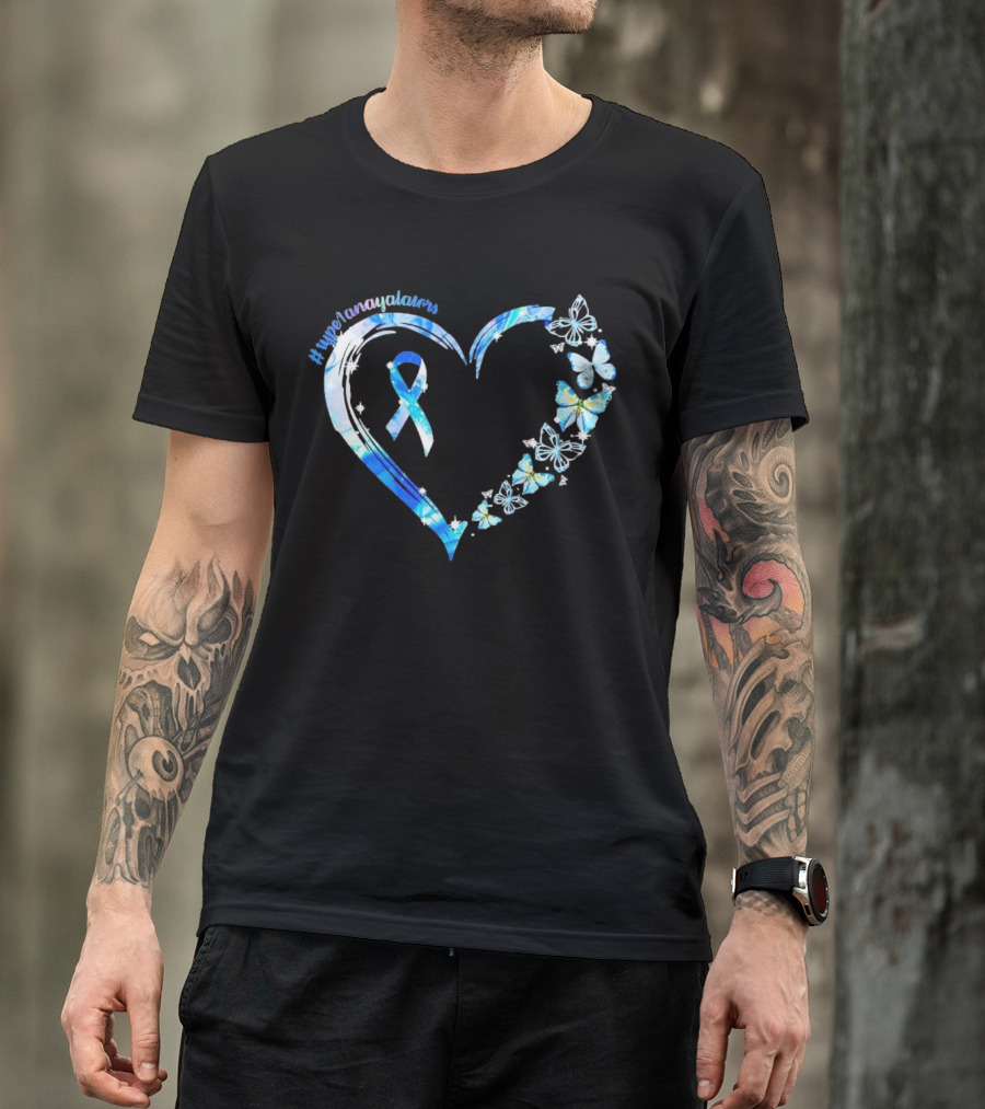 Type1Namayalars Diabetes Awareness Heart With Blue Ribbon And Butterflies T-Shirt
