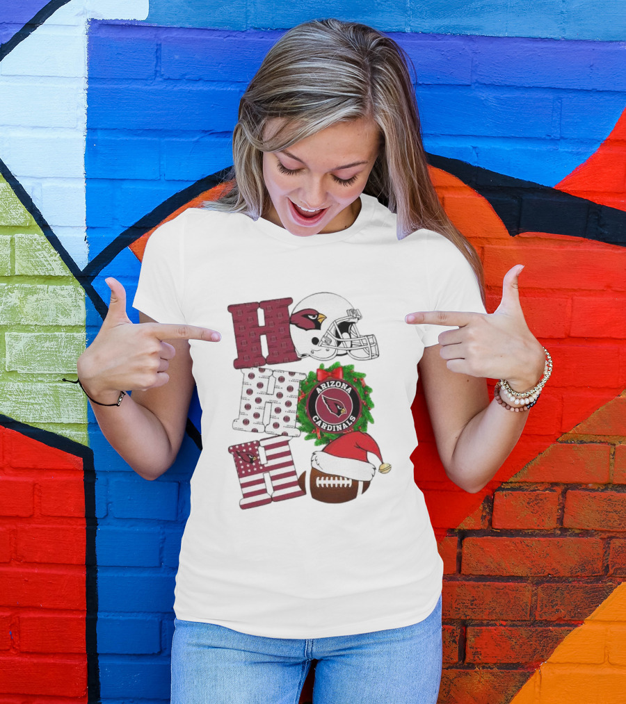 Arizona Cardinals Helmet Wreath Football Ho Ho Ho Merry Christmas T-Shirt