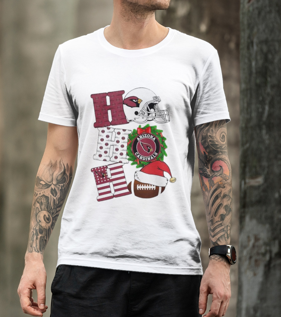 Arizona Cardinals Helmet Wreath Football Ho Ho Ho Merry Christmas T-Shirt