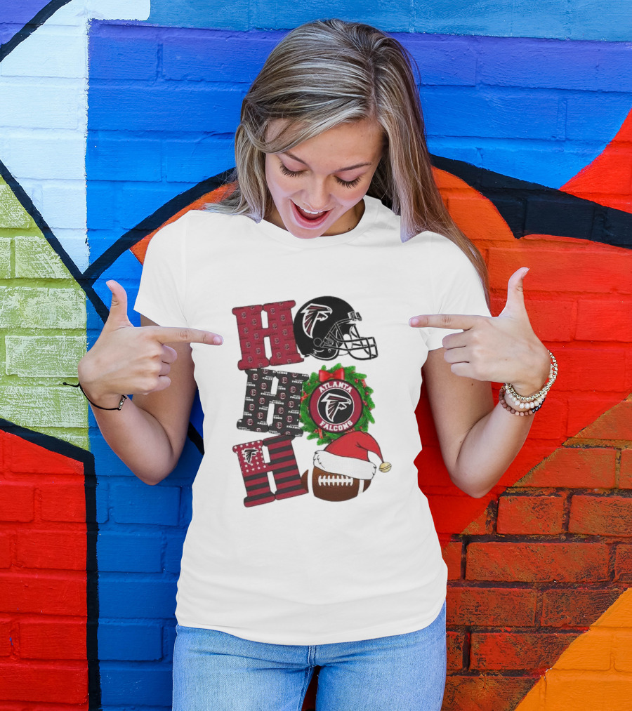 Atlanta Falcons Ho Ho Ho Merry Christmas Football Helmet Wreath Santa Hat T-Shirt