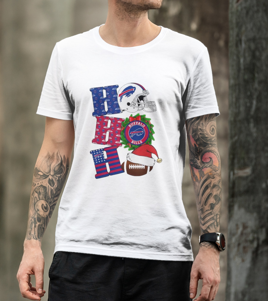 Buffalo Bills Helmet Wreath Football Santa Hat Ho Ho Ho Merry Christmas T-Shirt