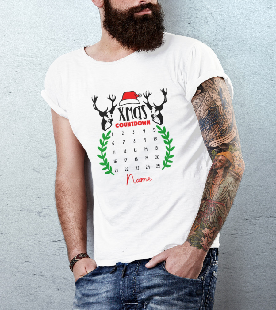 Xmas Countdown Calendar Name Custom Santa Hat Deer Antlers T-Shirt