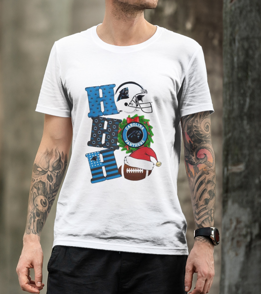 Carolina Panthers Ho Ho Ho Merry Christmas Football Helmet Wreath Santa Hat T-Shirt