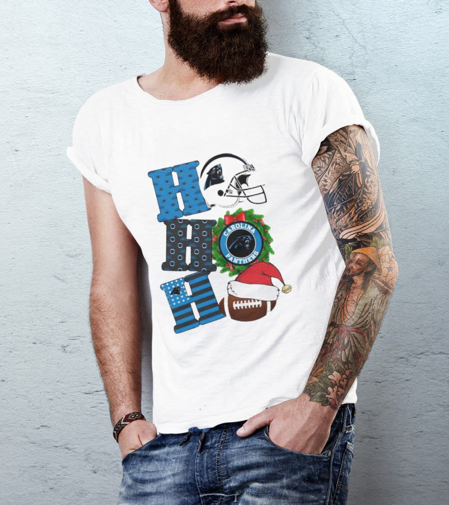 Carolina Panthers Ho Ho Ho Merry Christmas Football Helmet Wreath Santa Hat T-Shirt