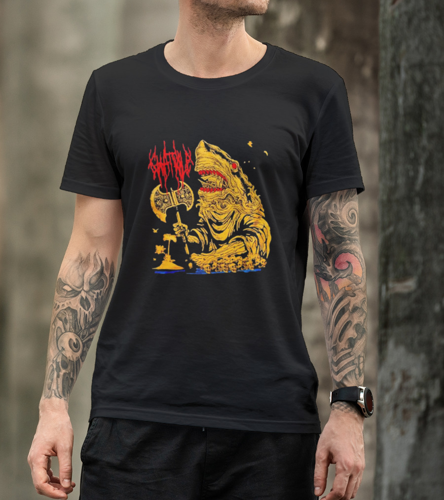Chat Pile Shark With Axe On Tropical Beach T-Shirt