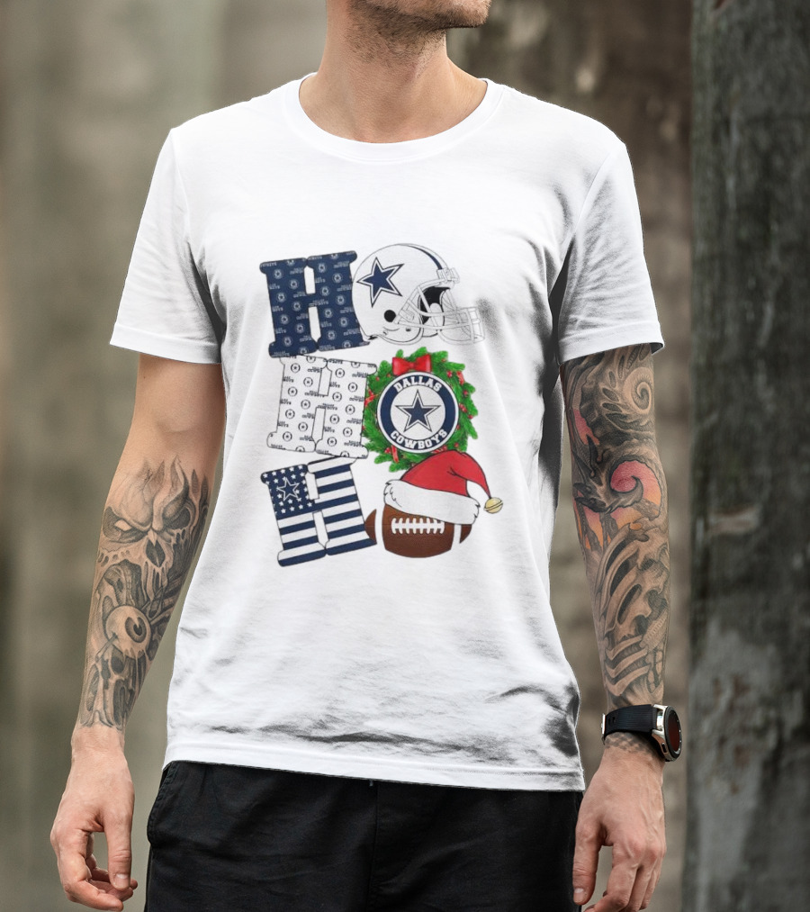 Dallas Cowboys Helmet Wreath Football Christmas Ho Ho Ho Merry Christmas T-Shirt