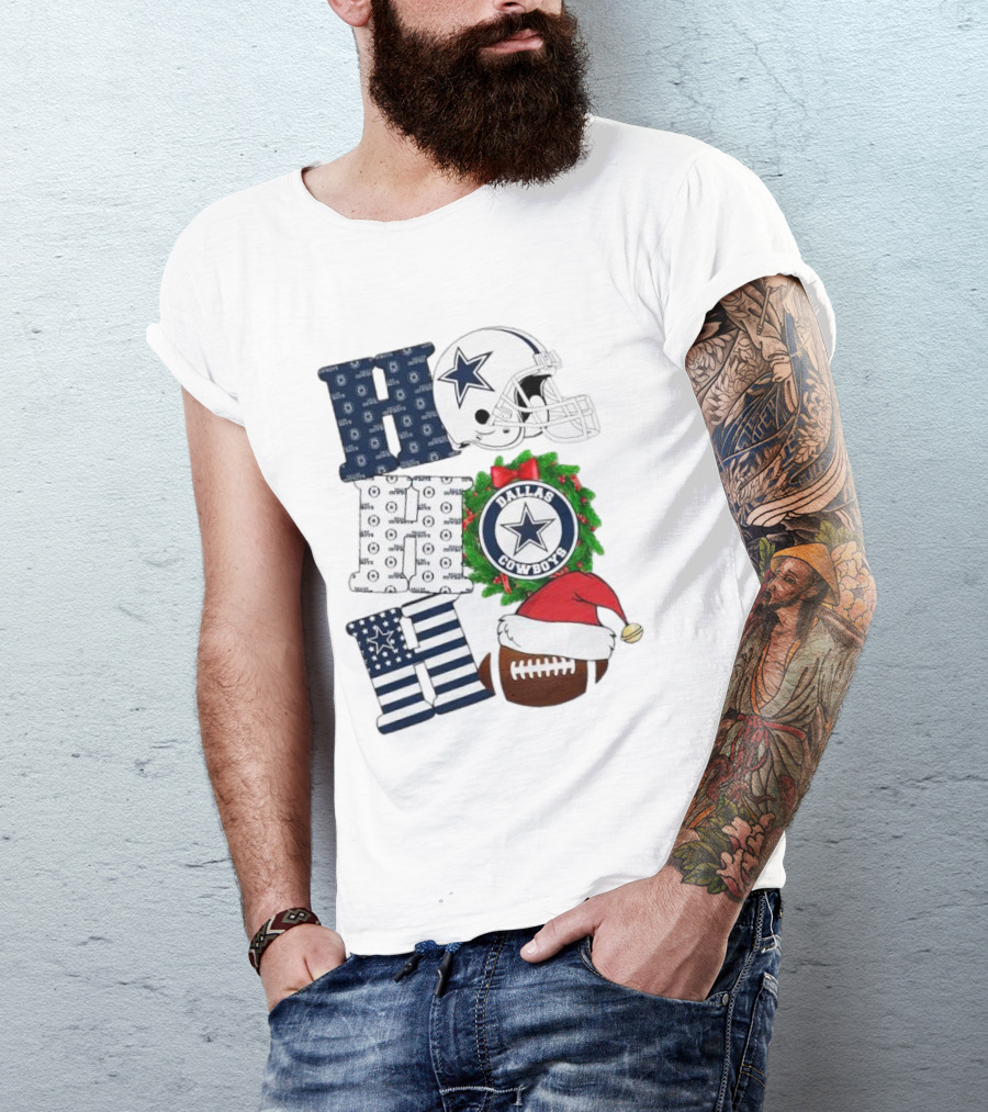 Dallas Cowboys Helmet Wreath Football Christmas Ho Ho Ho Merry Christmas T-Shirt
