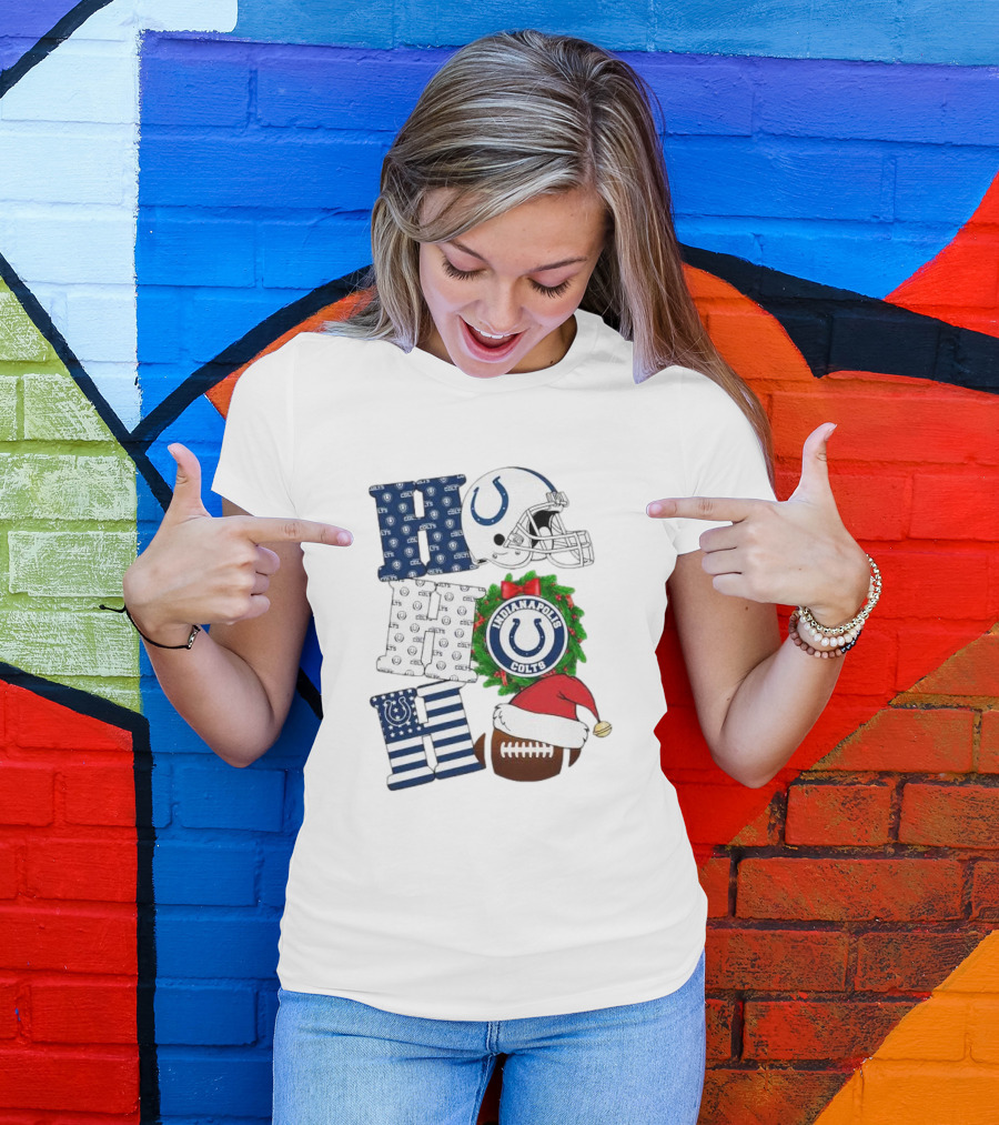 Indianapolis Colts Ho Ho Ho Merry Christmas Football Festive Logo Helmet Wreath Santa Hat T-Shirt