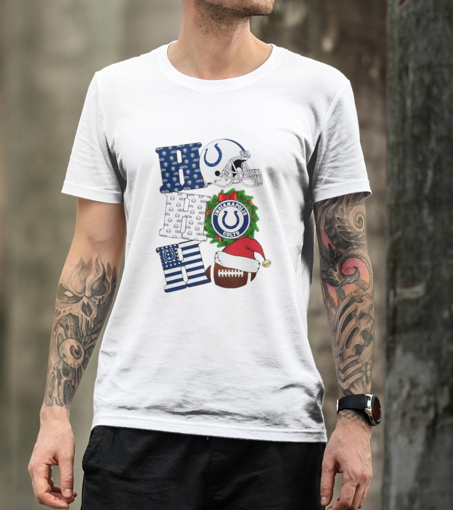 Indianapolis Colts Ho Ho Ho Merry Christmas Football Festive Logo Helmet Wreath Santa Hat T-Shirt