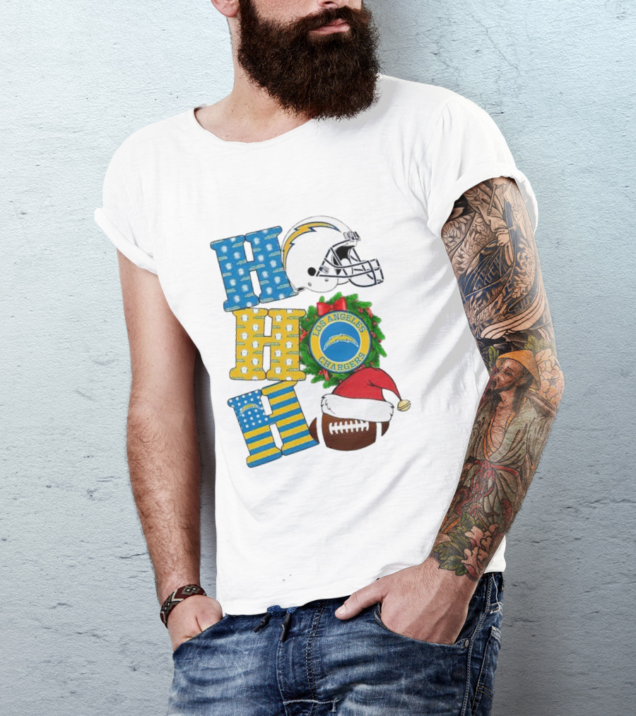 Los Angeles Chargers Ho Ho Ho Merry Christmas Wreath Helmet Football Santa Hat Featured T-Shirt
