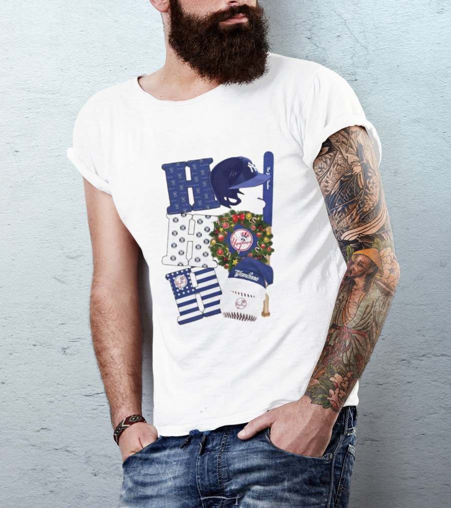New York Yankees Ho Ho Ho Merry Christmas Yankees Caps Wreath Baseball Bat T-Shirt