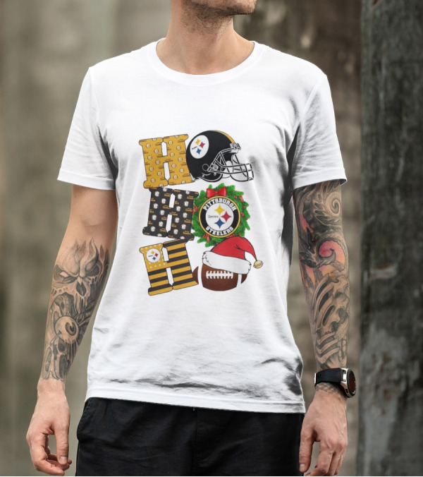 Pittsburgh Steelers Ho Ho Ho Merry Christmas Football Helmet Wreath Santa Hat T-Shirt