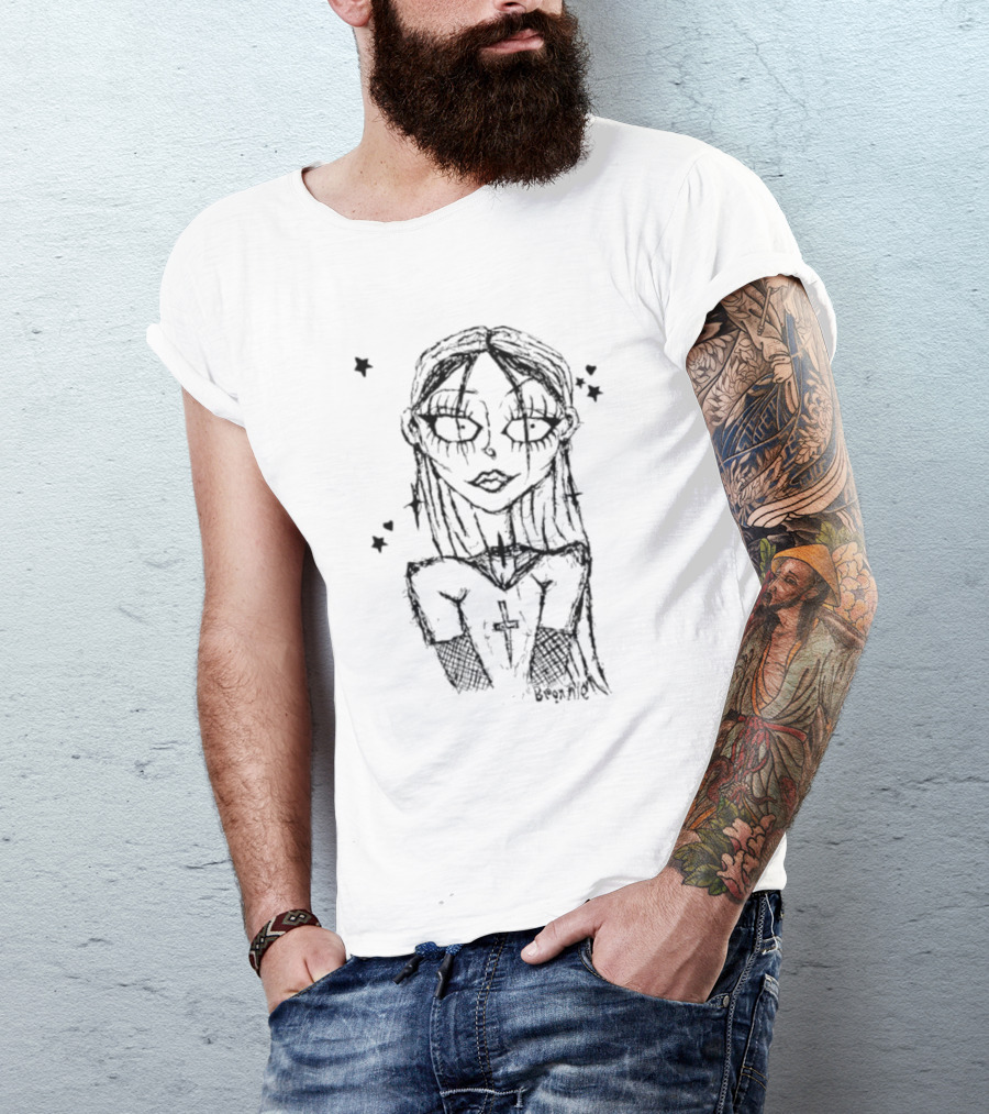 Cream Sketch Bronnie Gothic Character With Cross And Stars T-Shirt
