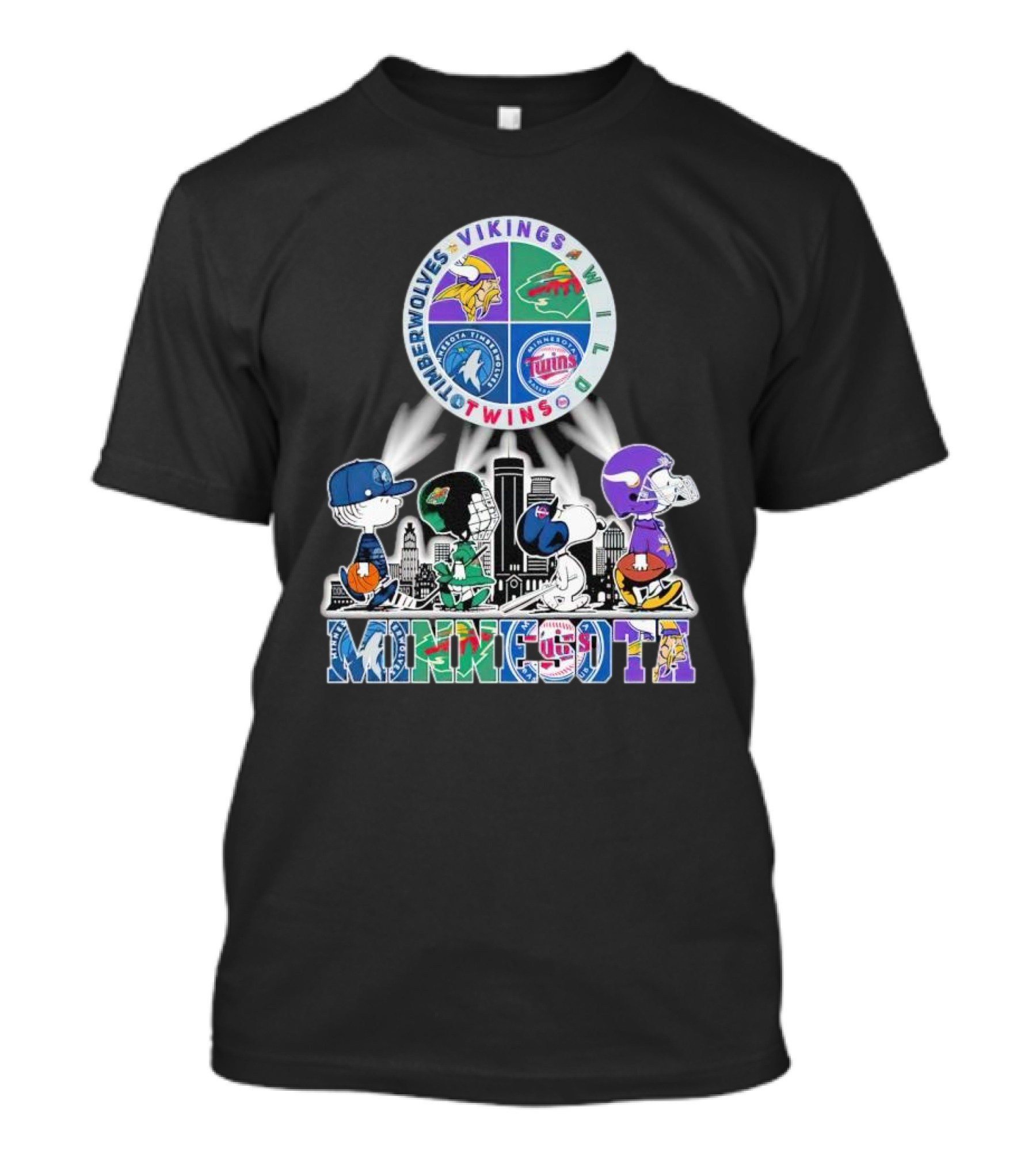 Peanuts Characters Minnesota Vikings Timberwolves Wild Twins Walking In Minnesota T-Shirt