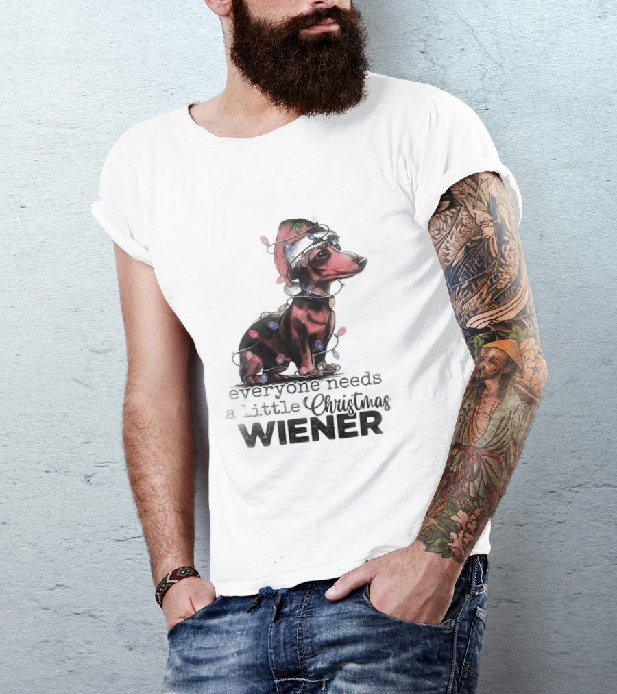Everyone Needs A Little Christmas Wiener Dachshund With Lights And Santa Hat T-Shirt