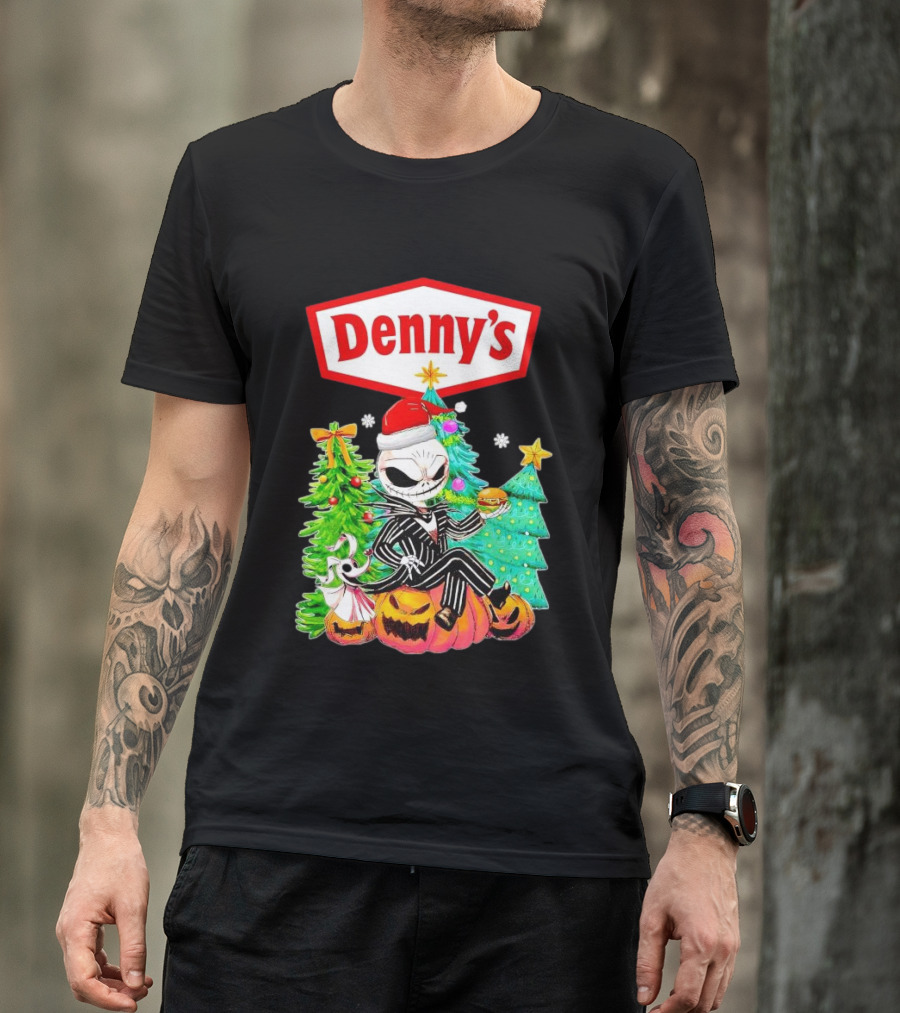 Denny’s Jack Skellington Santa Sitting On Pumpkins With Christmas Trees T-Shirt