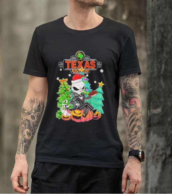 Jack Skellington Christmas With Texas Roadhouse Pumpkin And Christmas Trees T-Shirt