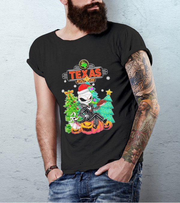 Jack Skellington Christmas With Texas Roadhouse Pumpkin And Christmas Trees T-Shirt