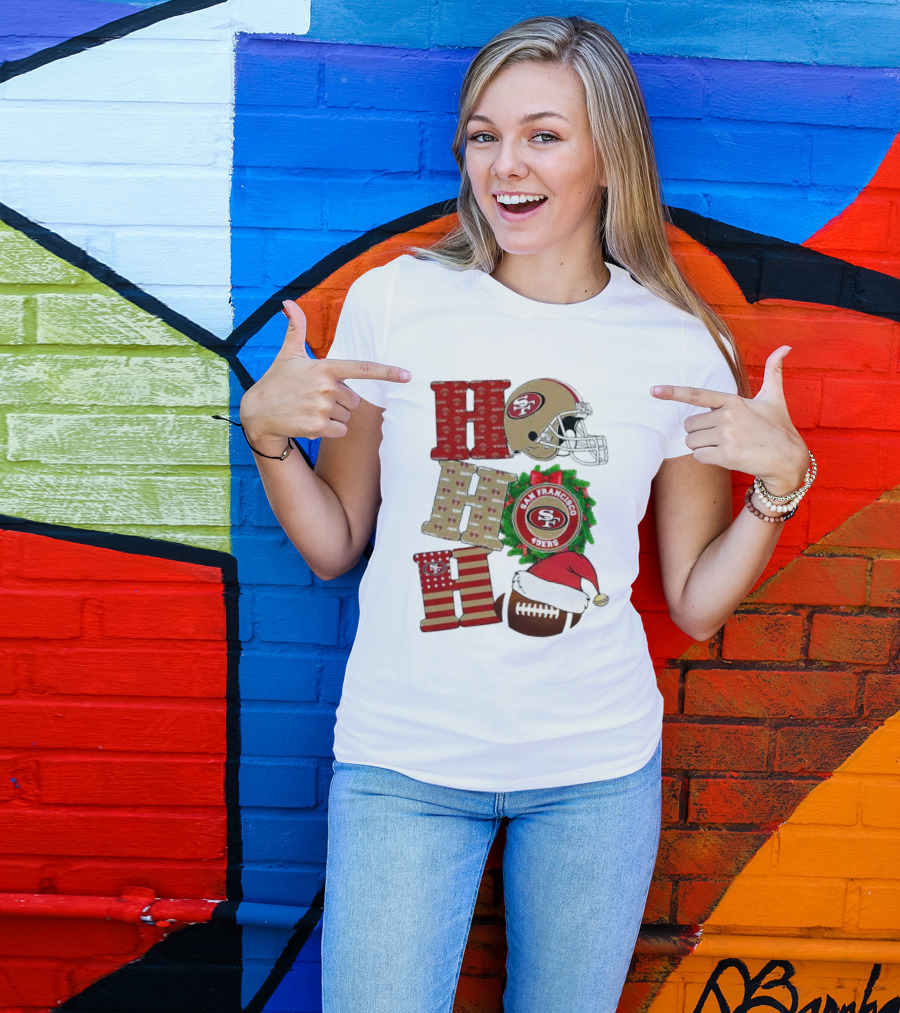 San Francisco 49ers Ho Ho Ho Merry Christmas Football Helmet Wreath Santa Hat T-Shirt