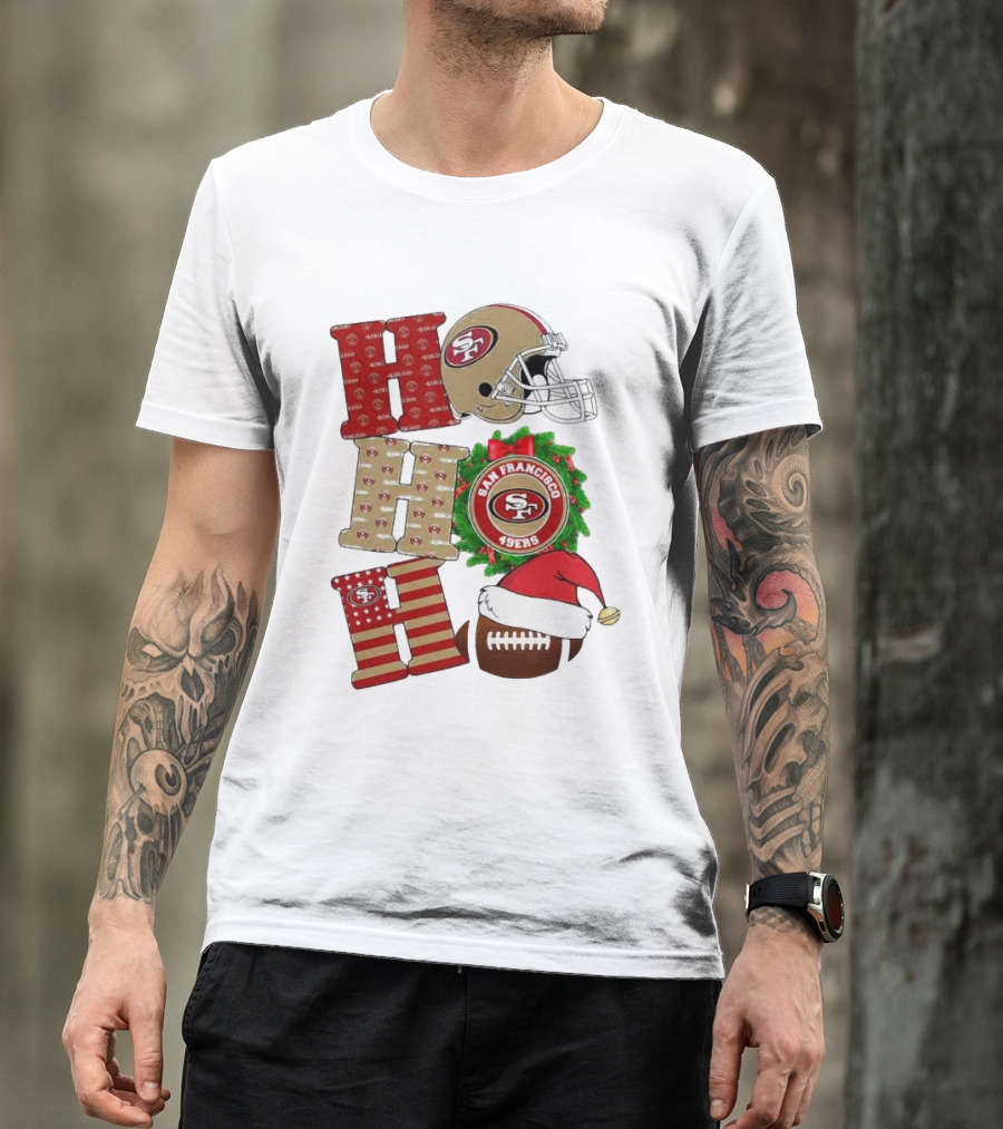 San Francisco 49ers Ho Ho Ho Merry Christmas Football Helmet Wreath Santa Hat T-Shirt