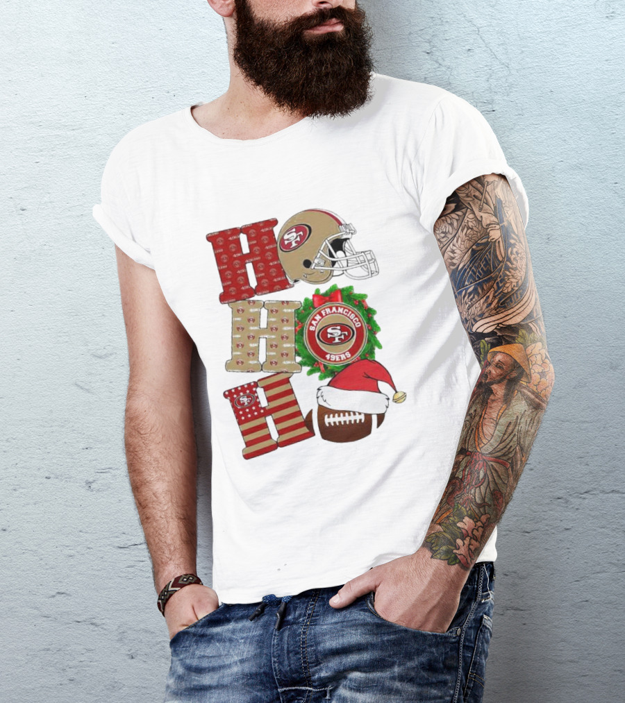 San Francisco 49ers Ho Ho Ho Merry Christmas Football Helmet Wreath Santa Hat T-Shirt