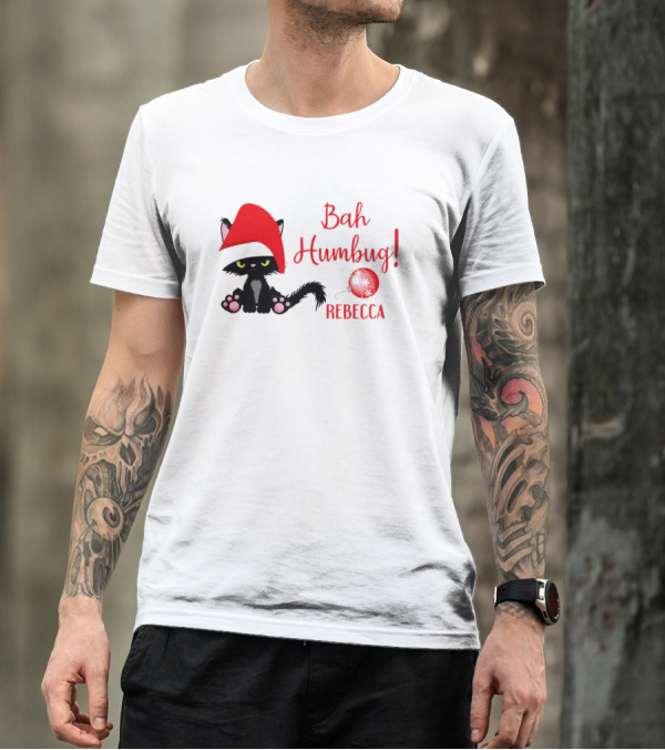 Santa Black Cat Bah Humbug Xmas Custom Name Rebecca T-Shirt