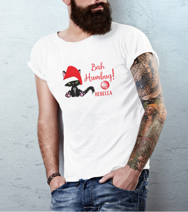 Santa Black Cat Bah Humbug Xmas Custom Name Rebecca T-Shirt