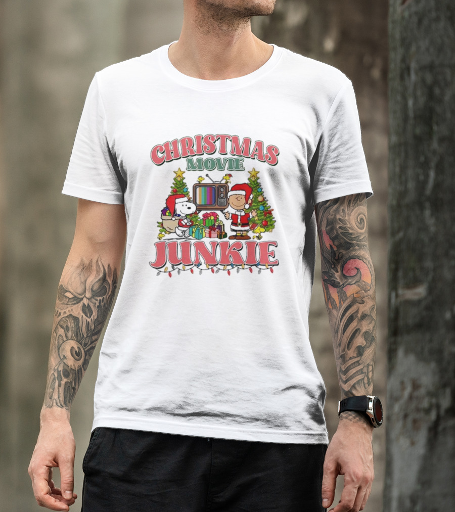 Snoopy And Charlie Brown Christmas Movie Junkie With TV And Gifts T-Shirt