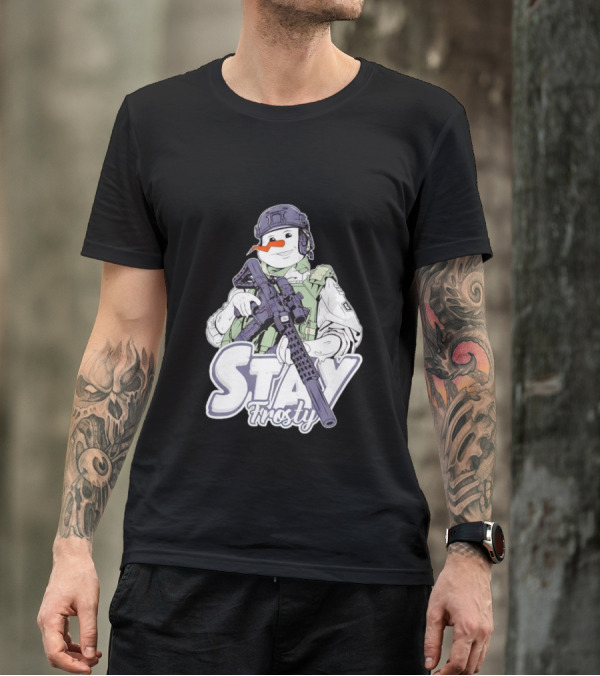 Stay Frosty Snowman Soldier With Rifle Drawing T-Shirt