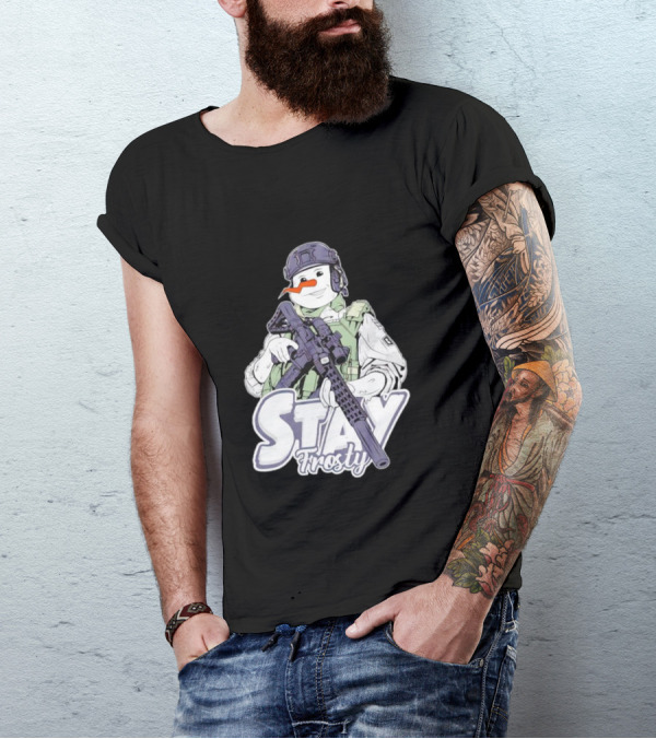 Stay Frosty Snowman Soldier With Rifle Drawing T-Shirt