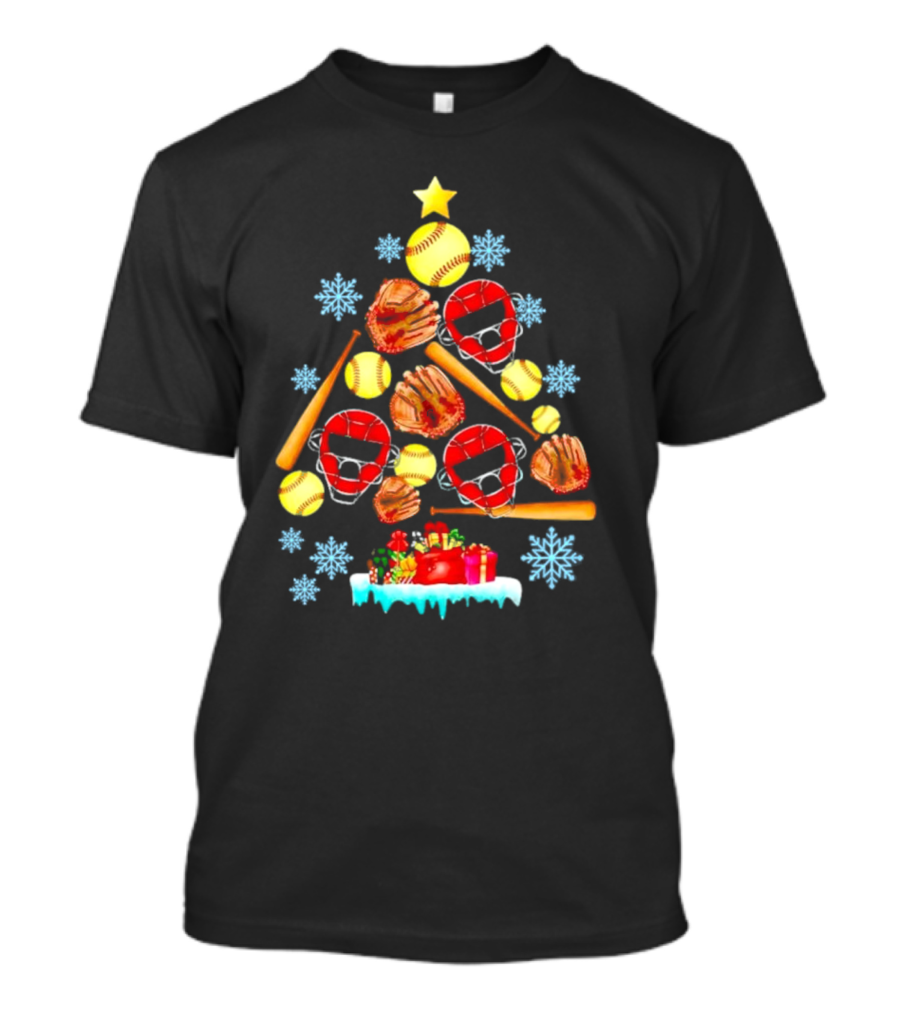 Christmas Tree With Softballs Bats Helmets Mitts And Gifts T-Shirt