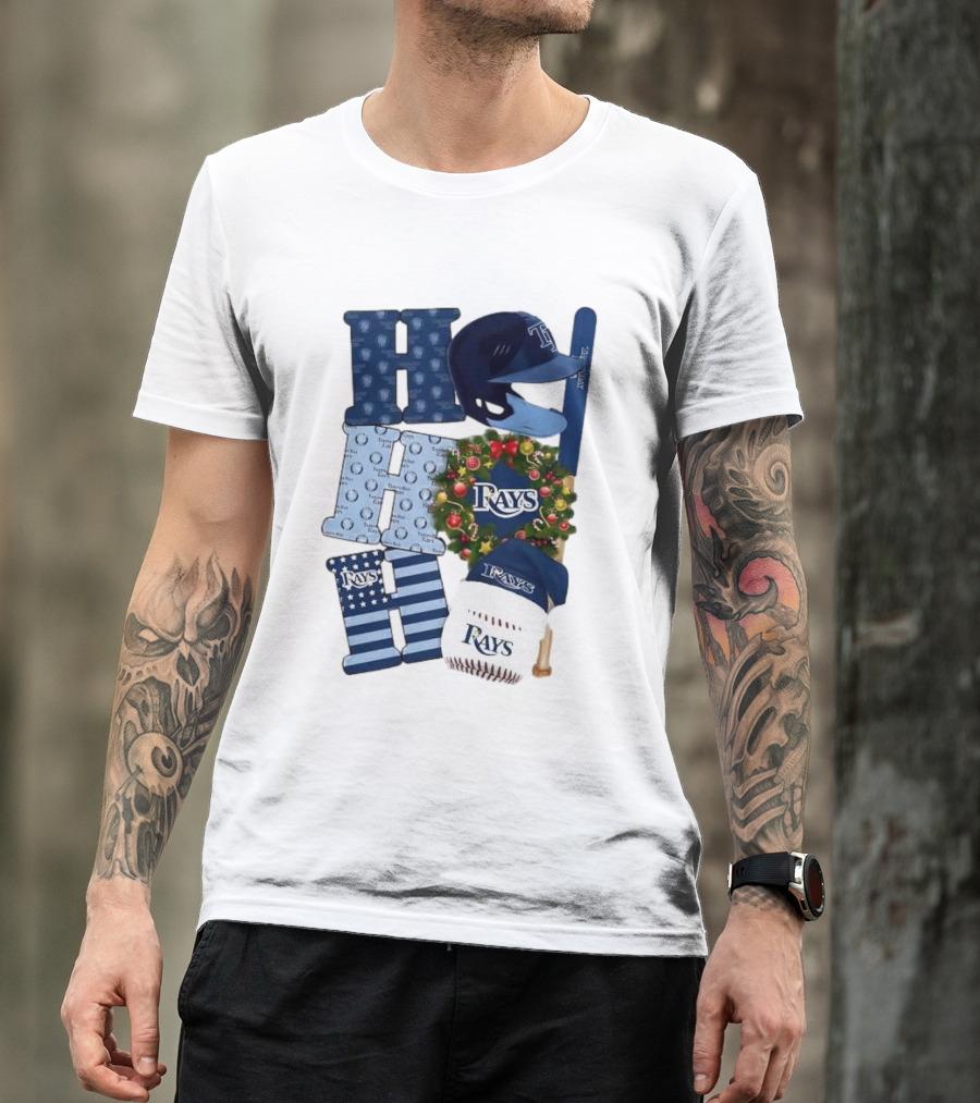 Tampa Bay Rays Ho Ho Ho Merry Christmas Baseball Helmet Wreath T-Shirt