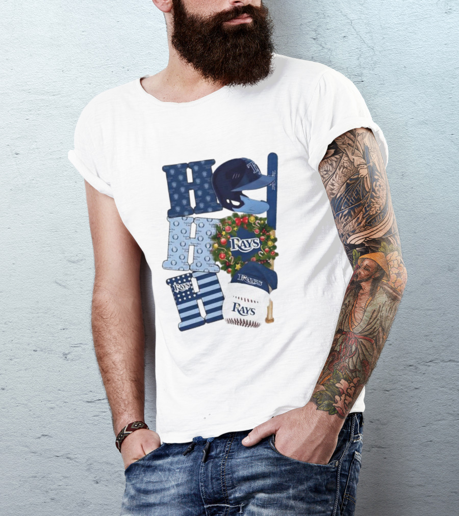 Tampa Bay Rays Ho Ho Ho Merry Christmas Baseball Helmet Wreath T-Shirt